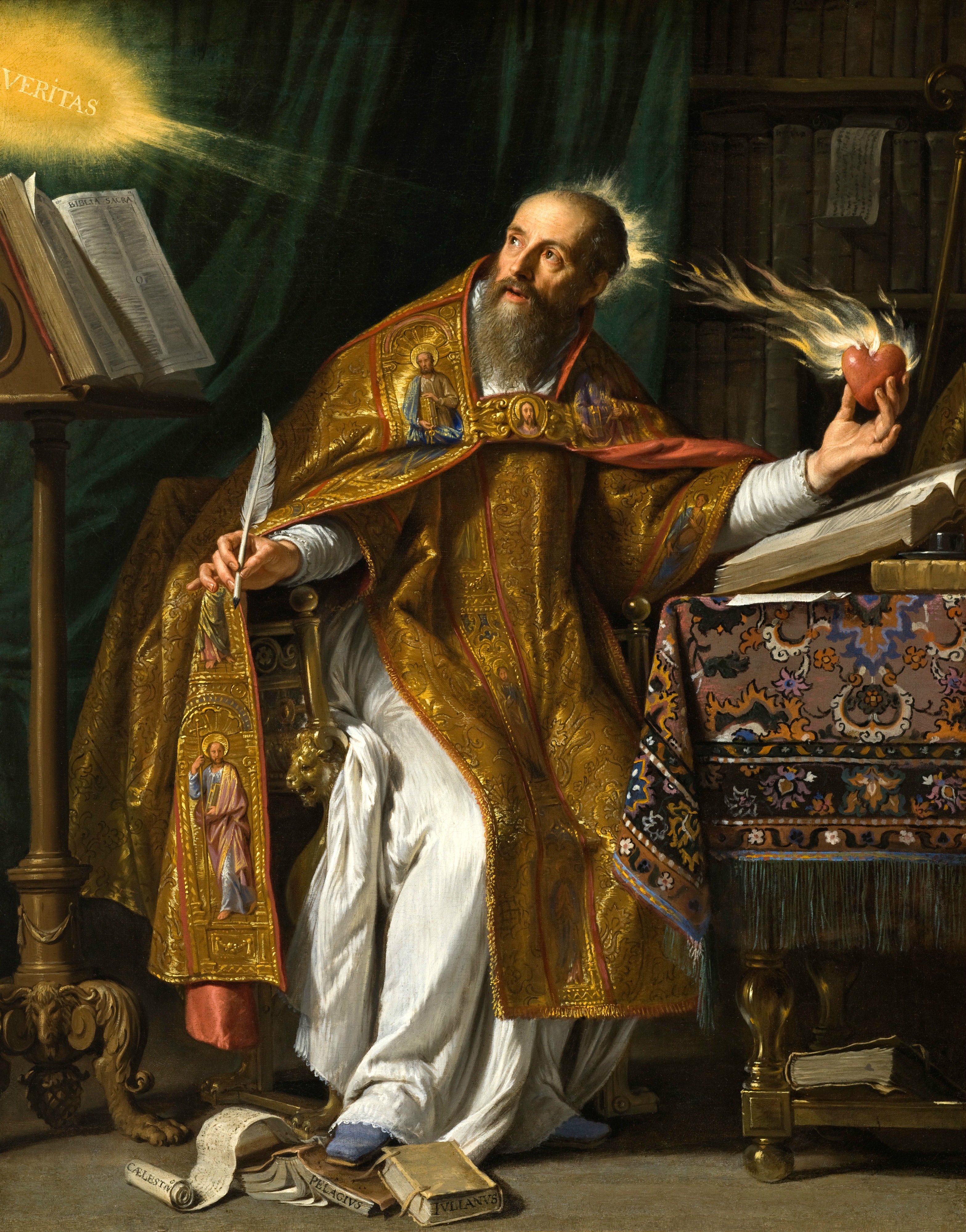 Augustine at his desk in a gold cope, pen in one hand and a flaming heart in the other, gazing up at a burst of light labelled Veritas