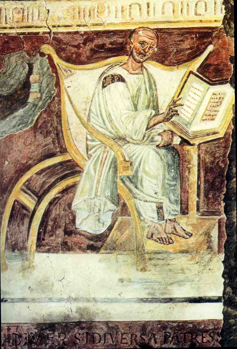 Early medieval fresco of Augustine seated with an open book