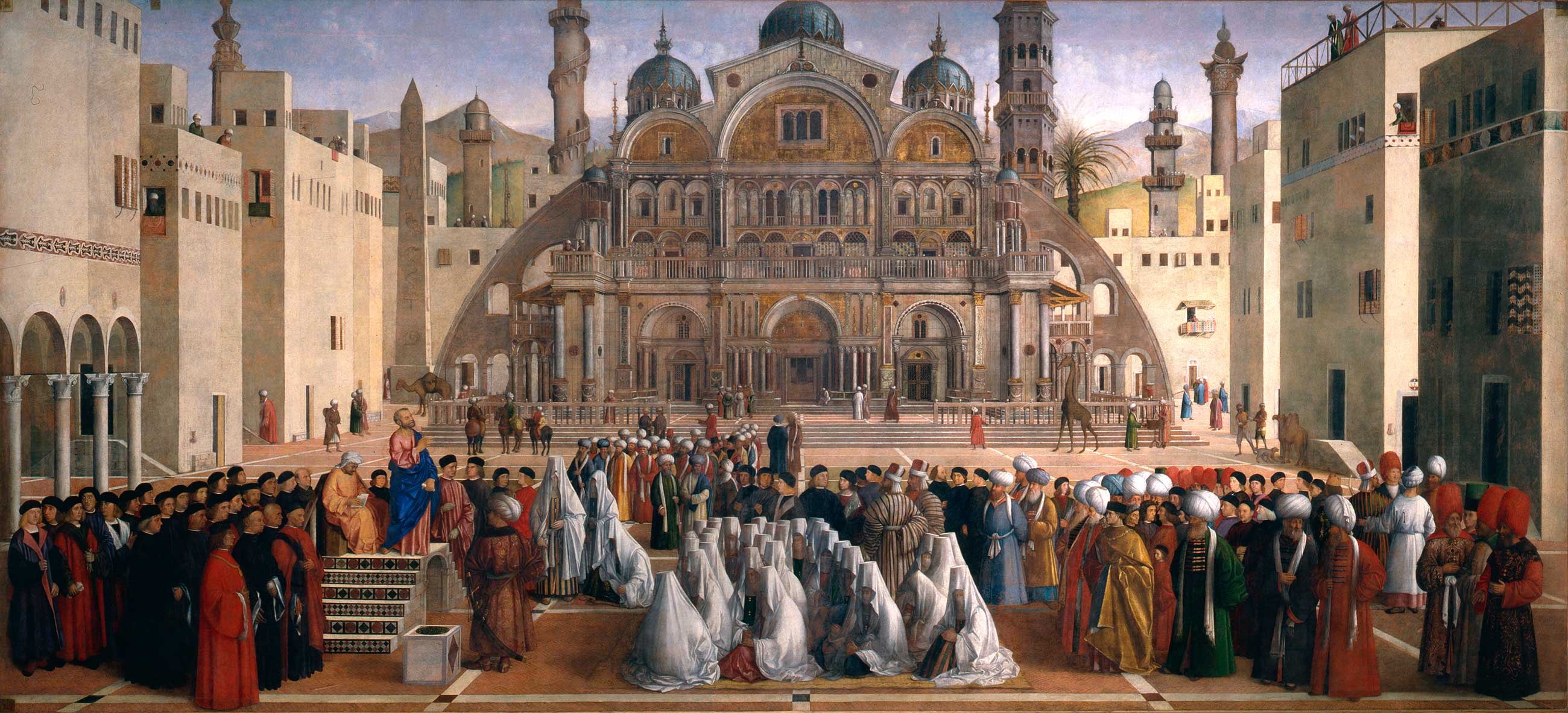 Renaissance painting of Saint Mark preaching from a platform to a crowd in a city square of Alexandria, with domed buildings behind