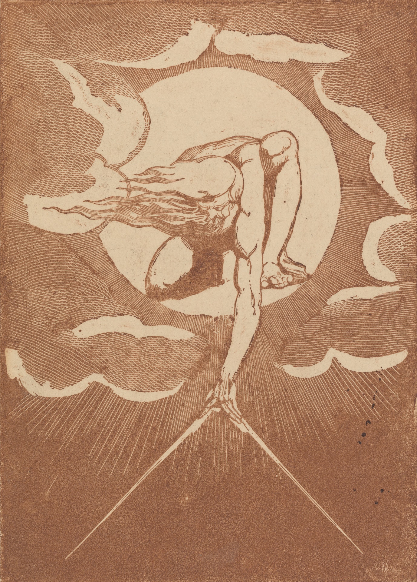 William Blake's Ancient of Days, a bearded figure leaning out of a sun disk among clouds and reaching down with a pair of compasses