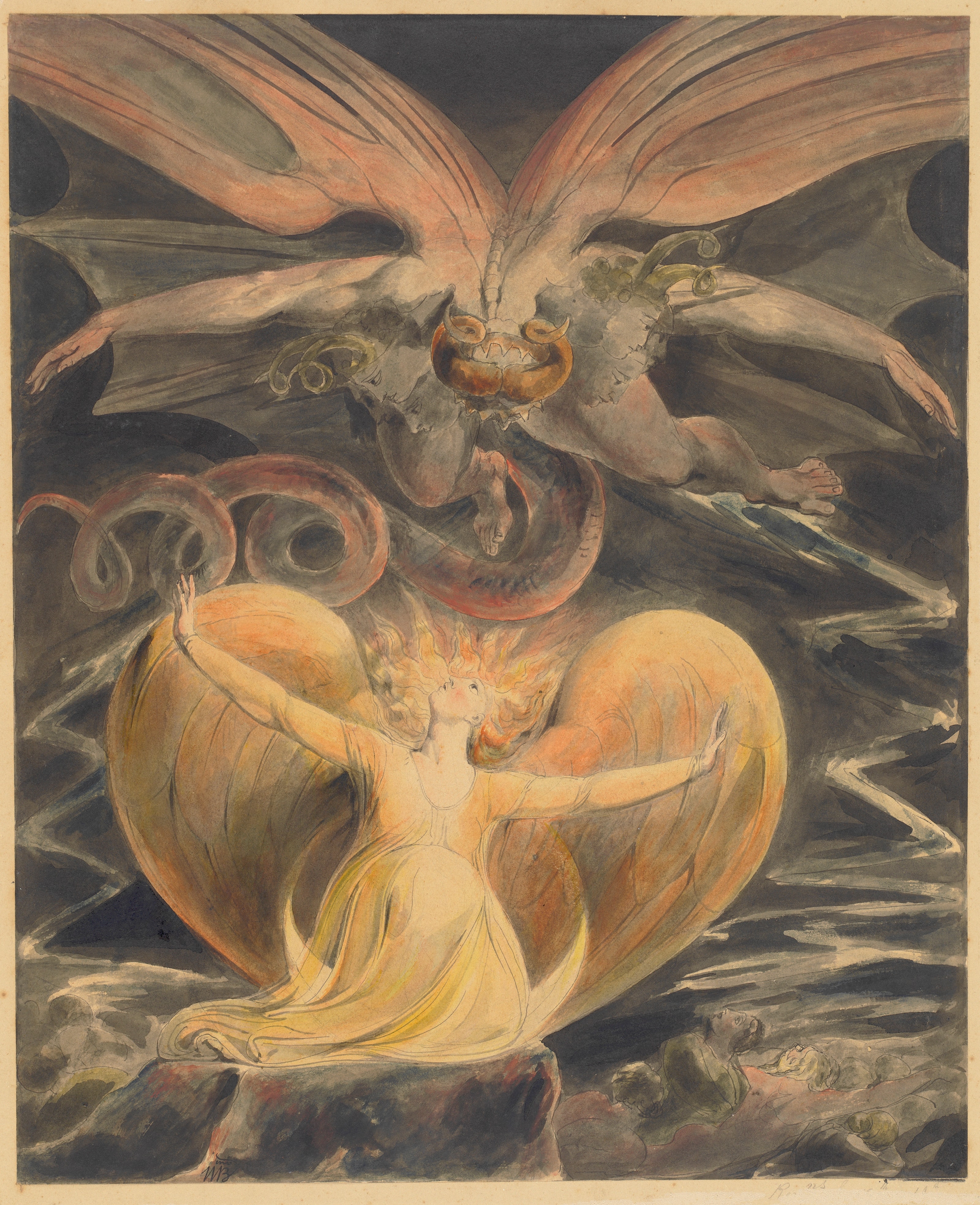 William Blake's watercolour of a huge winged red dragon with horned heads hovering over a woman clothed in the sun