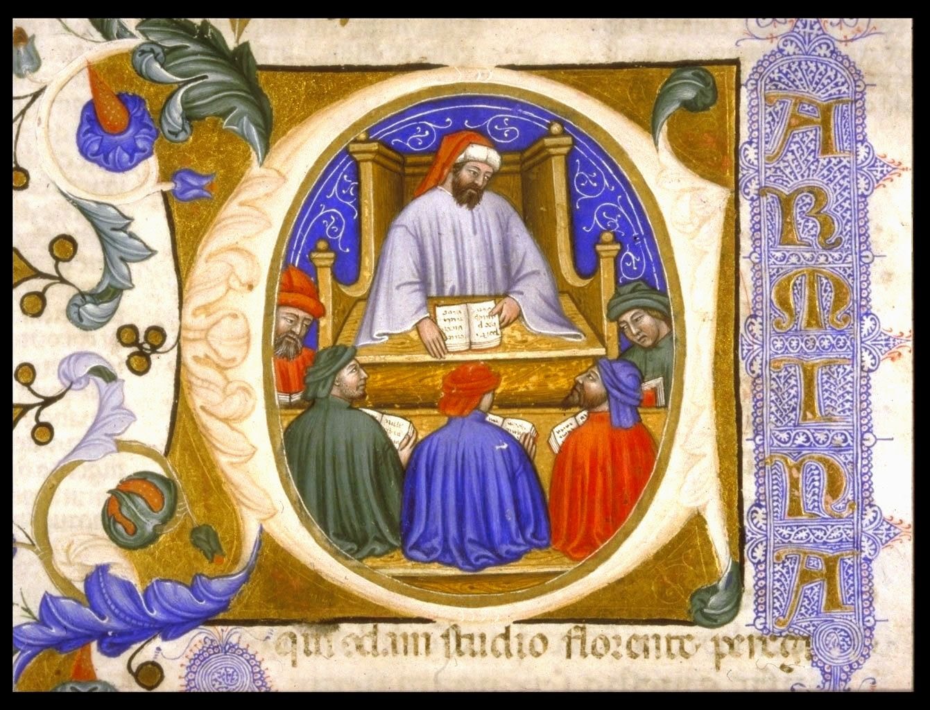 Illuminated initial from a medieval manuscript showing Boethius seated in a high chair with an open book, teaching a group of students in colored robes