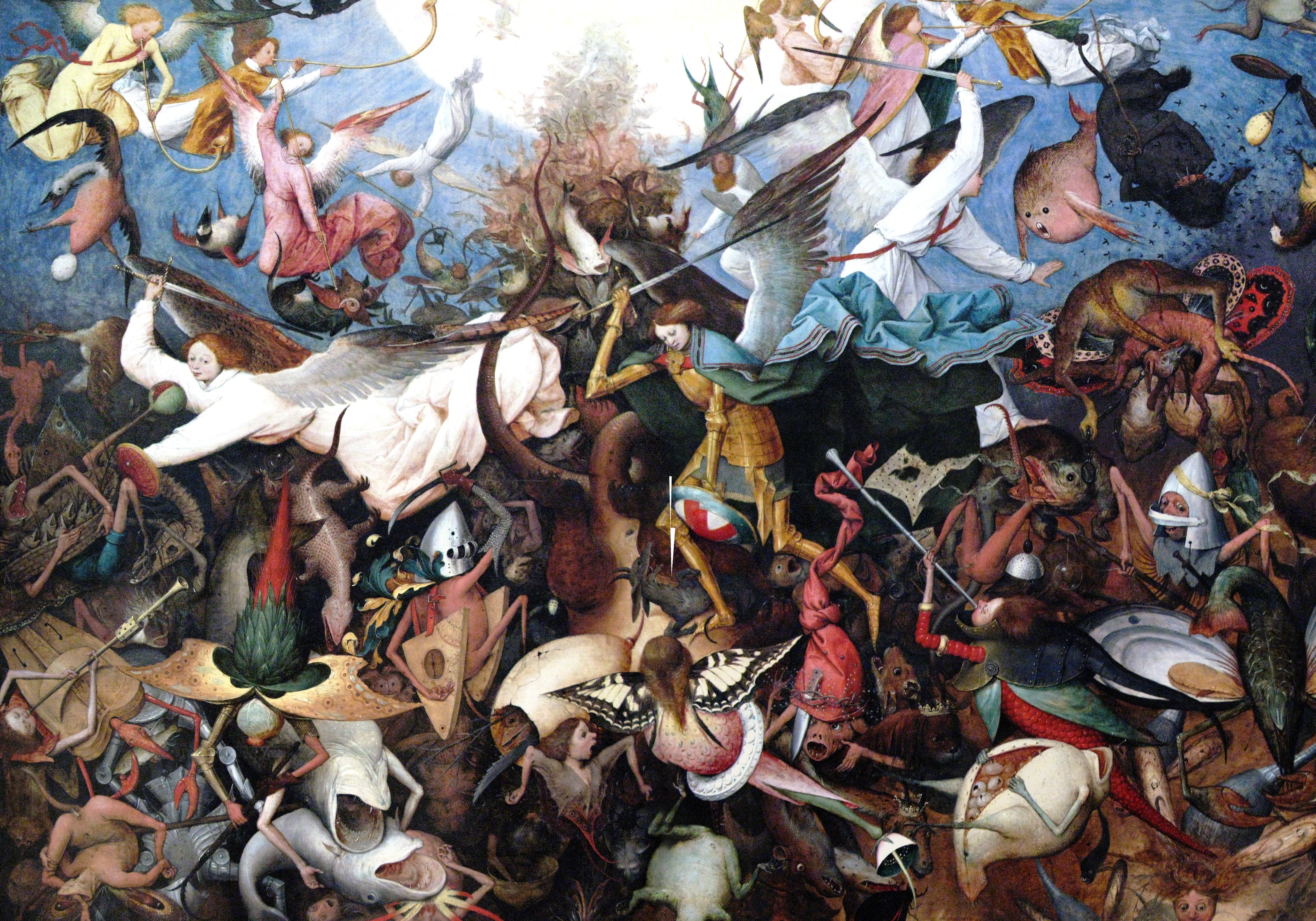 A crowded painting of armored angels led by Michael driving a tumbling mass of monstrous, hybrid creatures down out of a bright sky