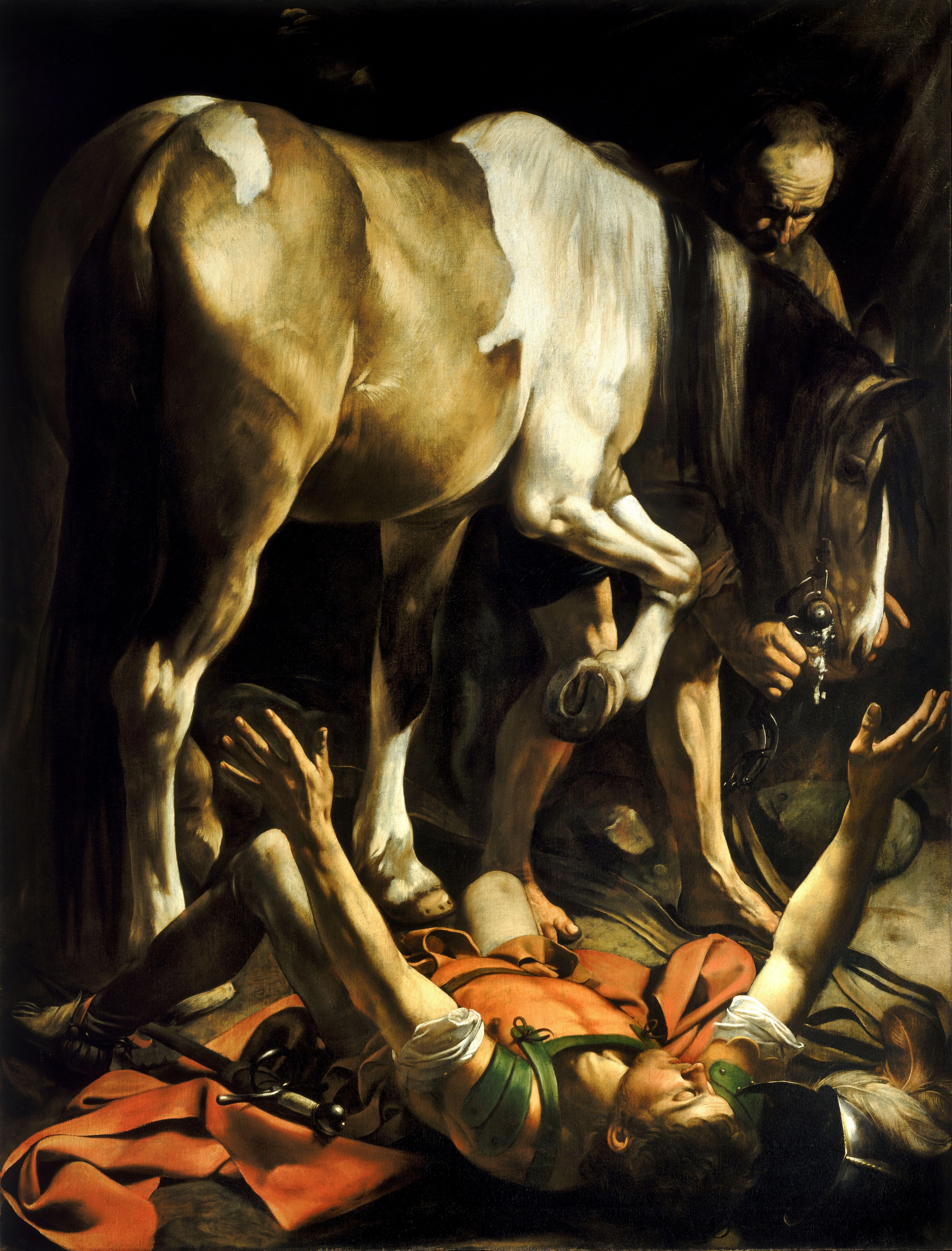 Caravaggio's painting of Saul thrown from his horse on the road to Damascus, lying on his back with arms raised toward the light while a groom holds the horse