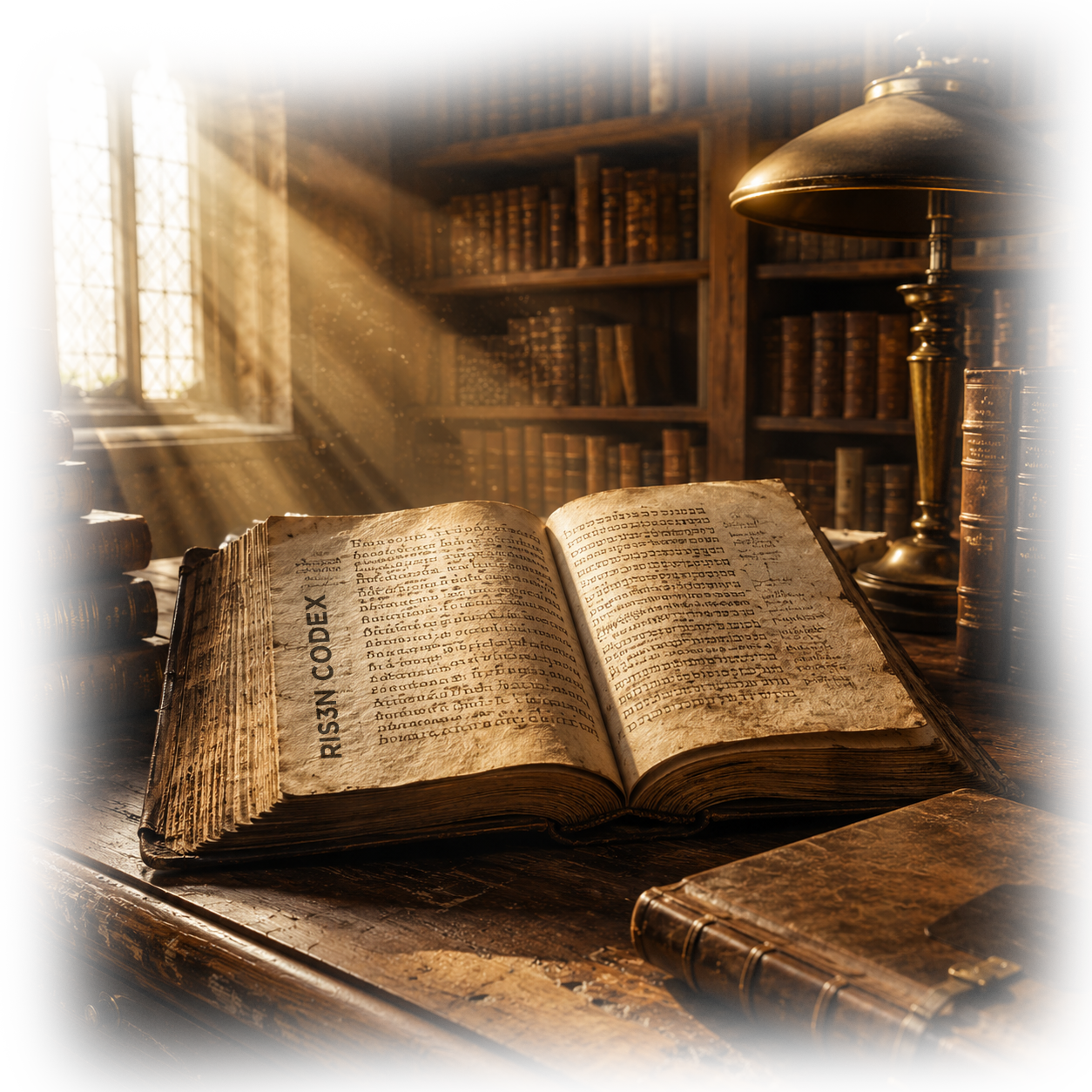 An open codex in lamplight, surrounded by leather-bound books