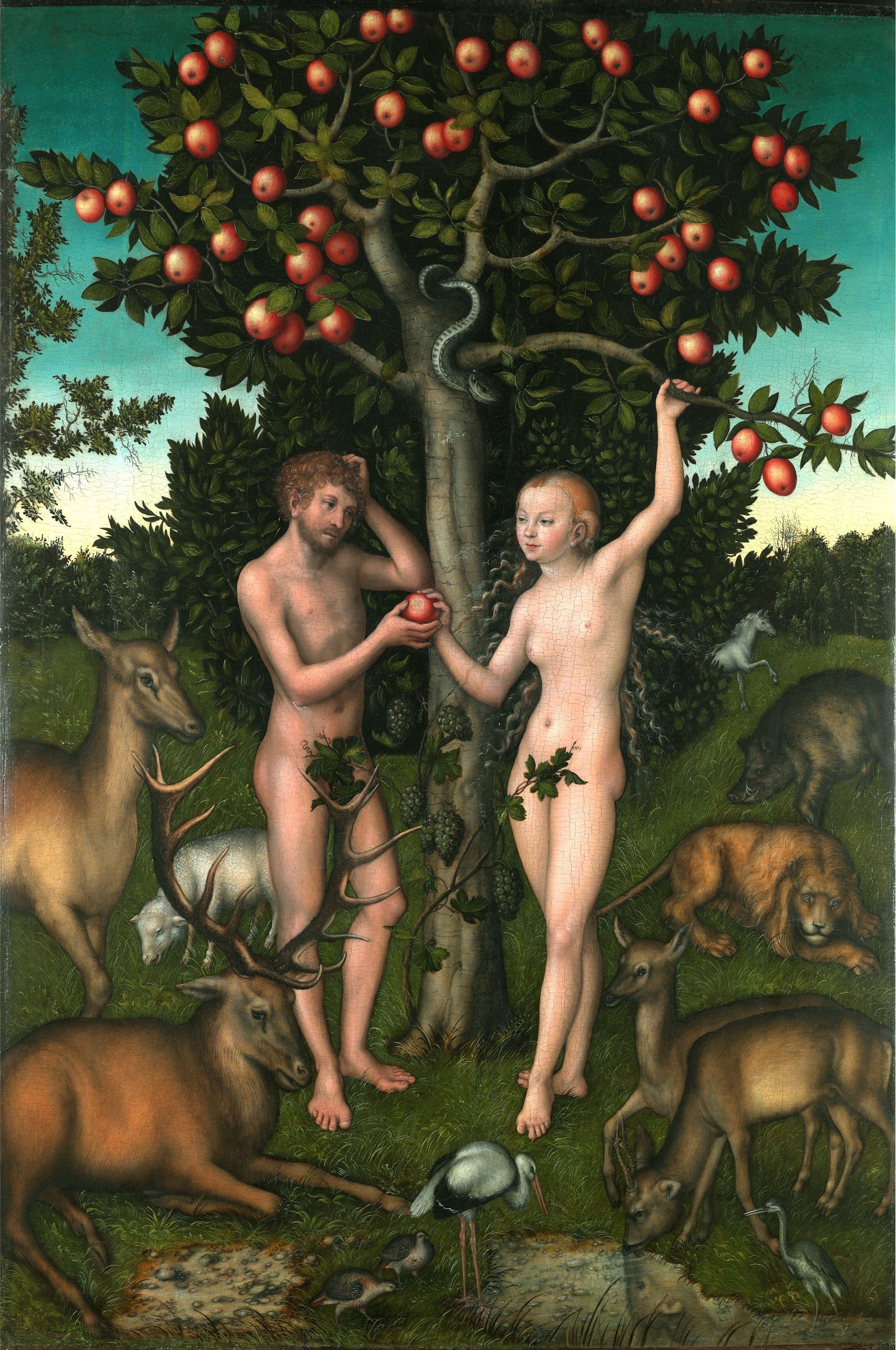 Painting of Adam and Eve under an apple tree in a garden full of animals, Eve handing Adam a fruit while a serpent coils around the trunk above them