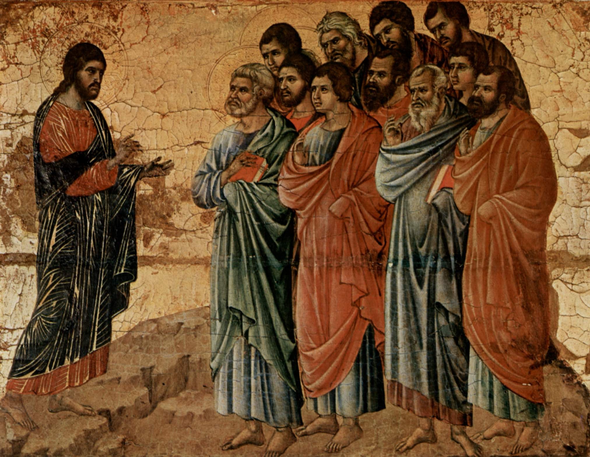 Duccio's panel of the risen Christ appearing to the eleven disciples on the mountain in Galilee, his hand raised toward them as they stand together on the rocky slope