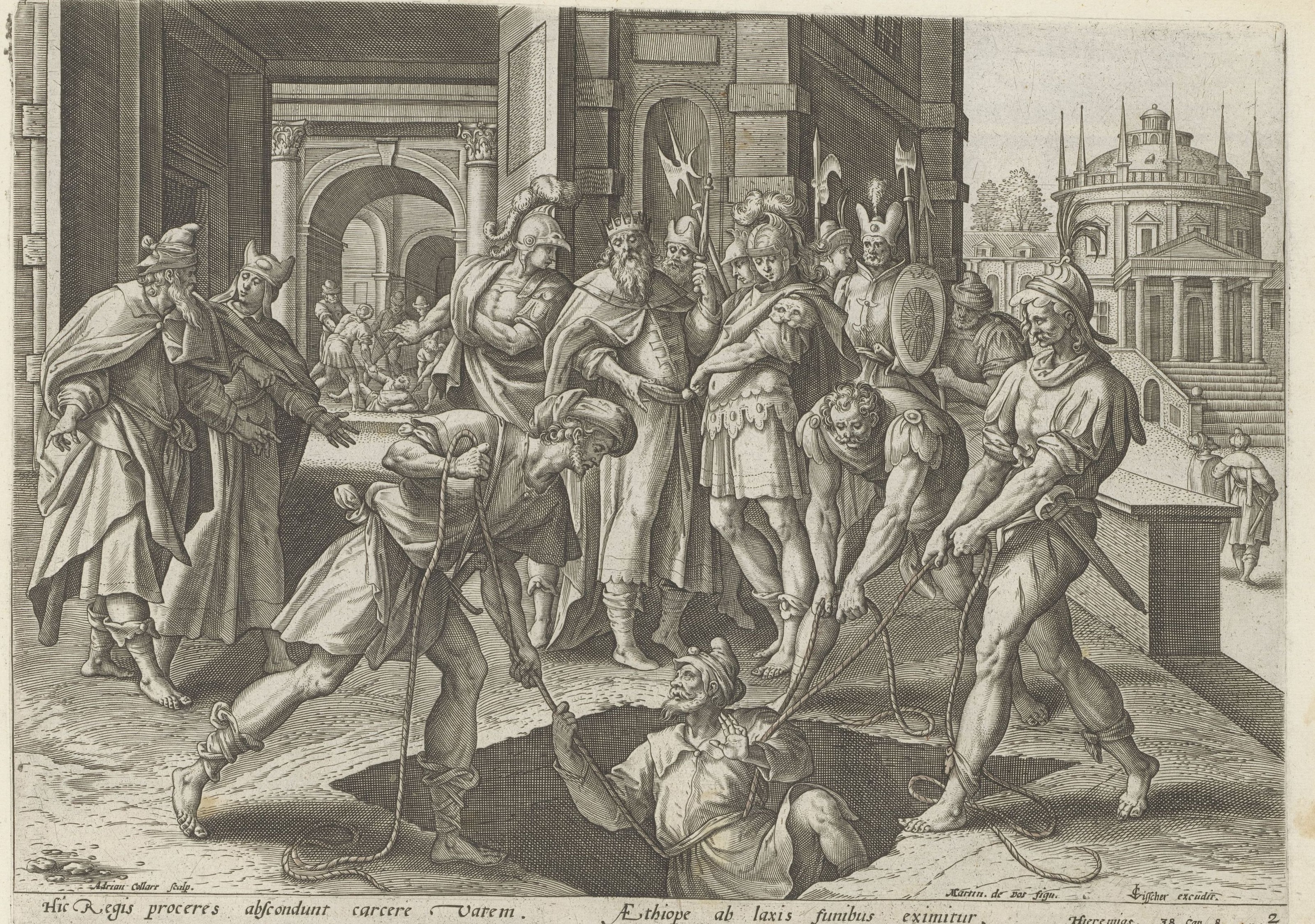 A sixteenth-century engraving of men hauling Jeremiah up out of a pit with ropes in a palace courtyard, while King Zedekiah and his officials look on