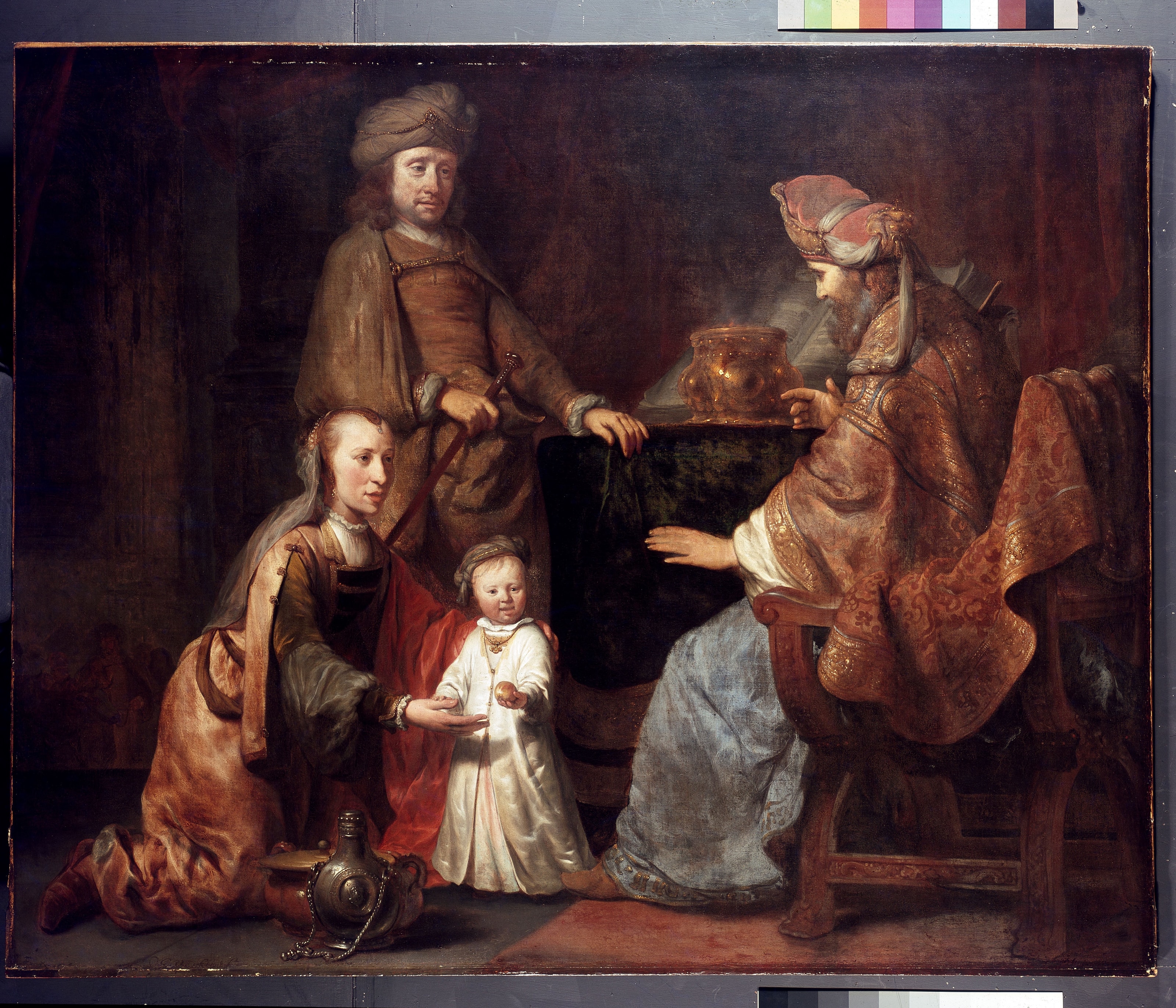 Hannah kneels beside the young Samuel, presenting him to the seated priest Eli while Elkanah stands behind