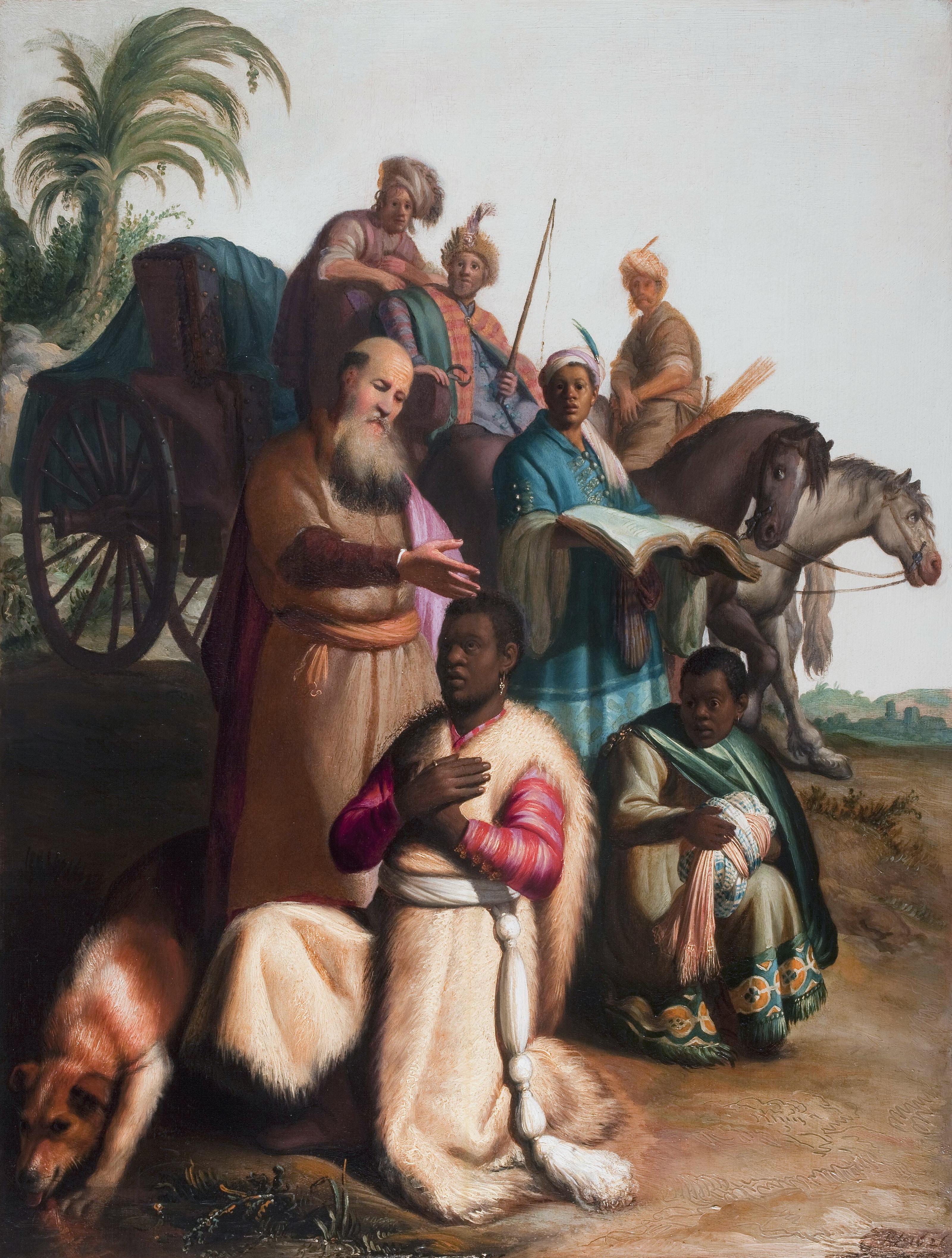 Rembrandt's painting of the Ethiopian official kneeling to be baptized by Philip beside his chariot, attendants and horses behind him