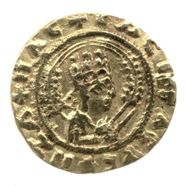 A small gold coin showing a crowned king's bust in profile, with small crosses in the lettering around the edge