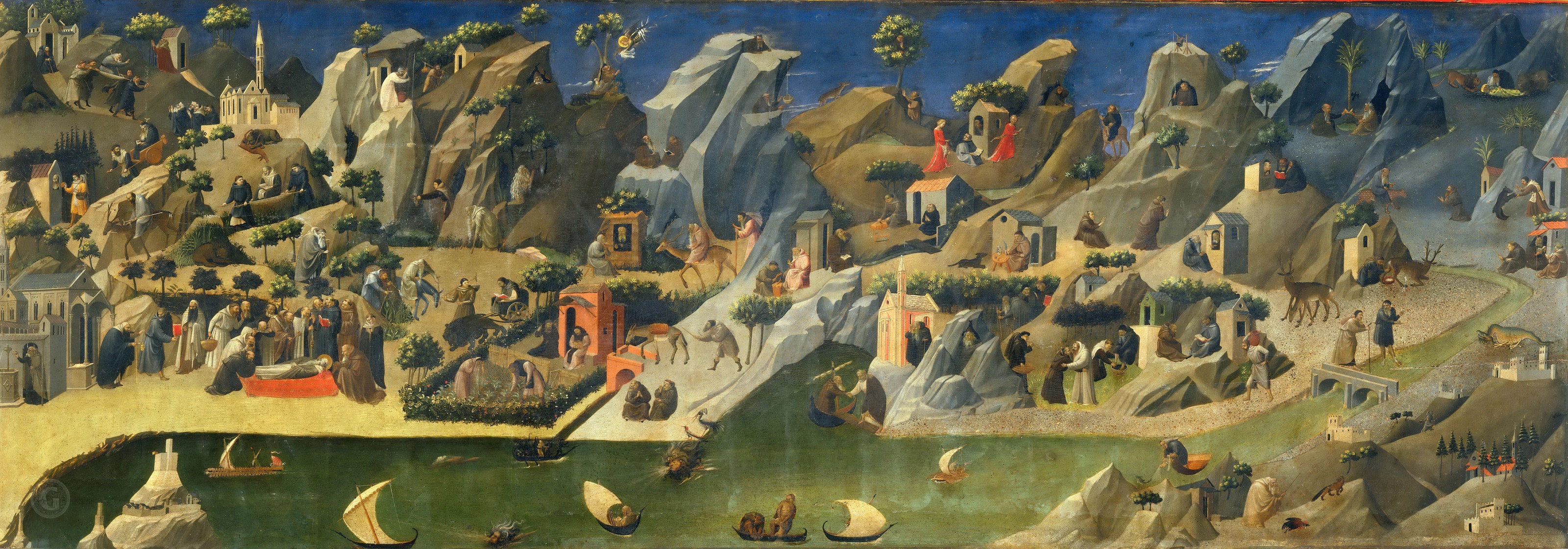 Panoramic Renaissance painting of hermits and monks living in the Egyptian desert