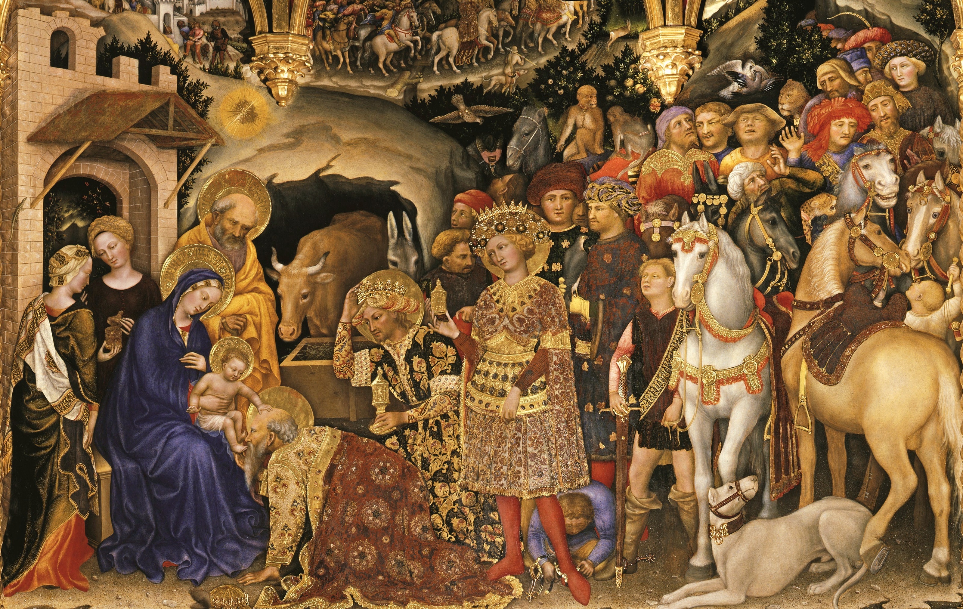 The Magi in rich gold robes kneel before the infant Jesus held by Mary, with a crowd of attendants and horses behind them