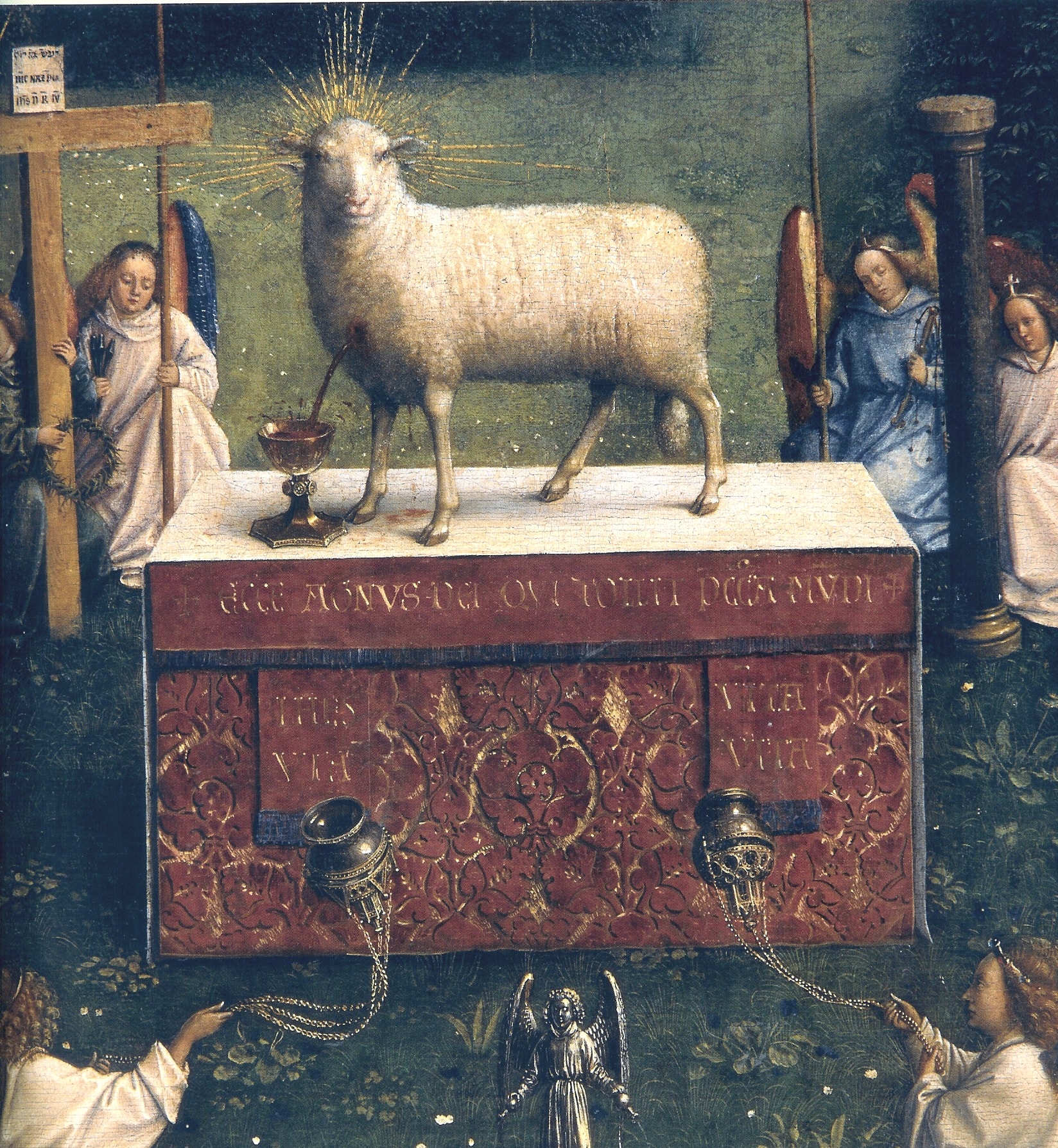 A white lamb with a golden halo stands on an altar, blood flowing from its breast into a chalice, surrounded by kneeling angels with censers