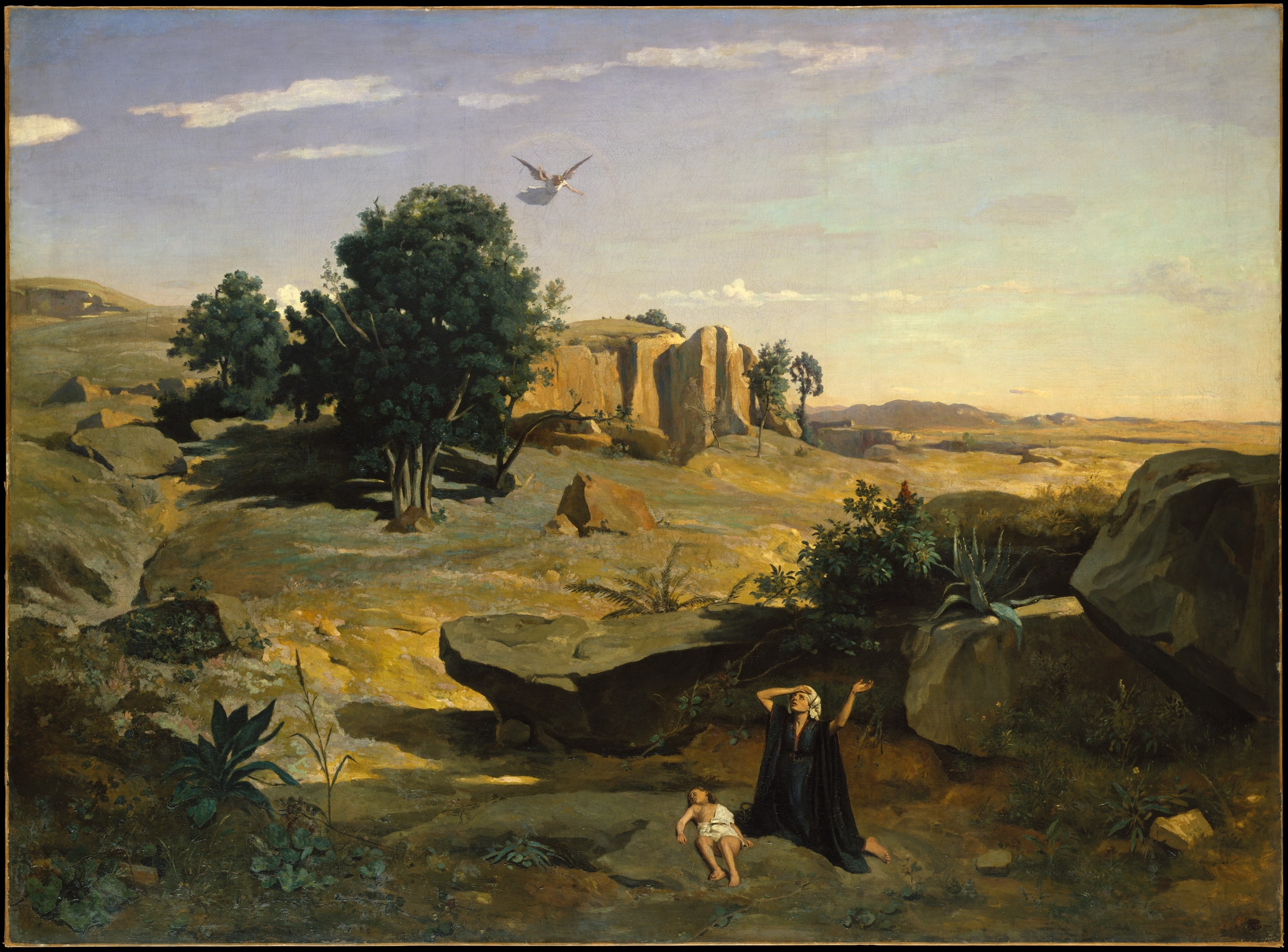 Corot's painting of Hagar kneeling in a rocky desert beside the collapsed boy Ishmael, with an angel descending from the sky