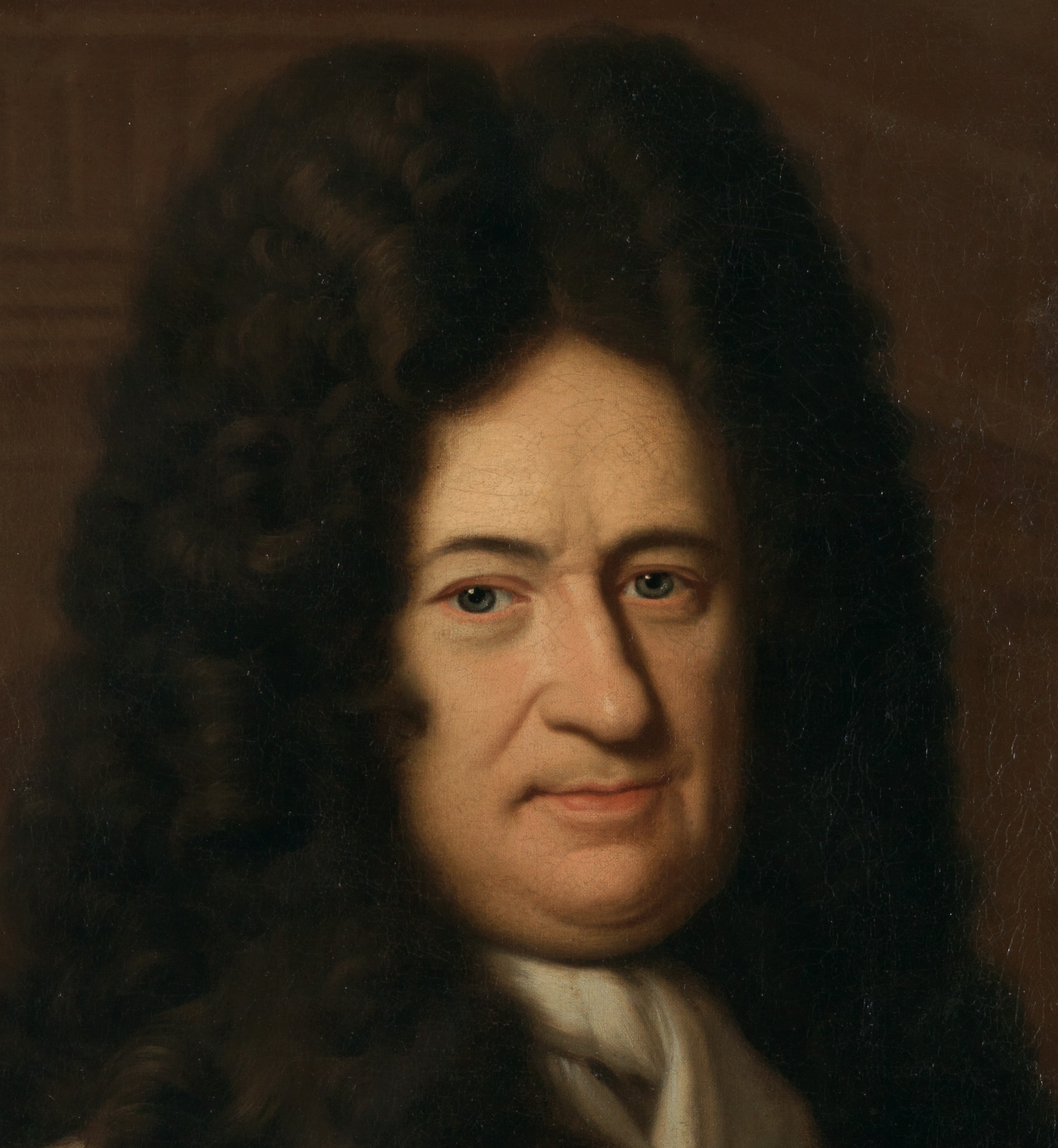 Oil portrait of Gottfried Wilhelm Leibniz in a long dark curled wig and white cravat