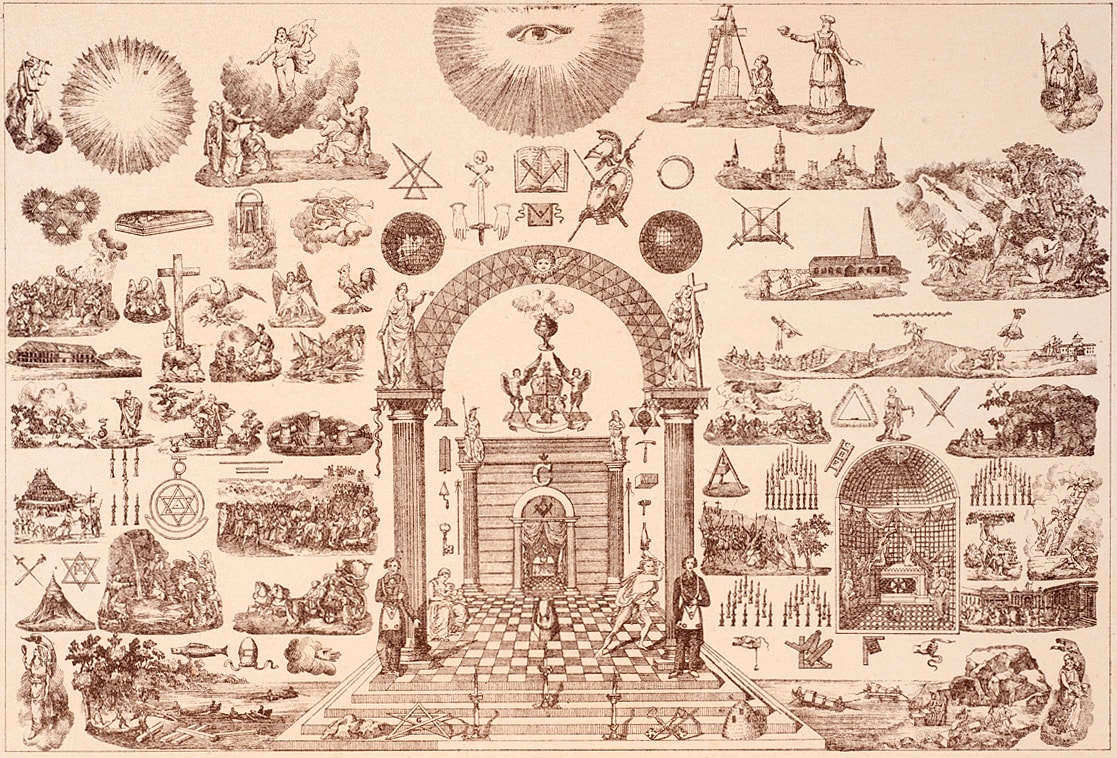 Nineteenth-century engraving of a Masonic tracing board crowded with symbols
