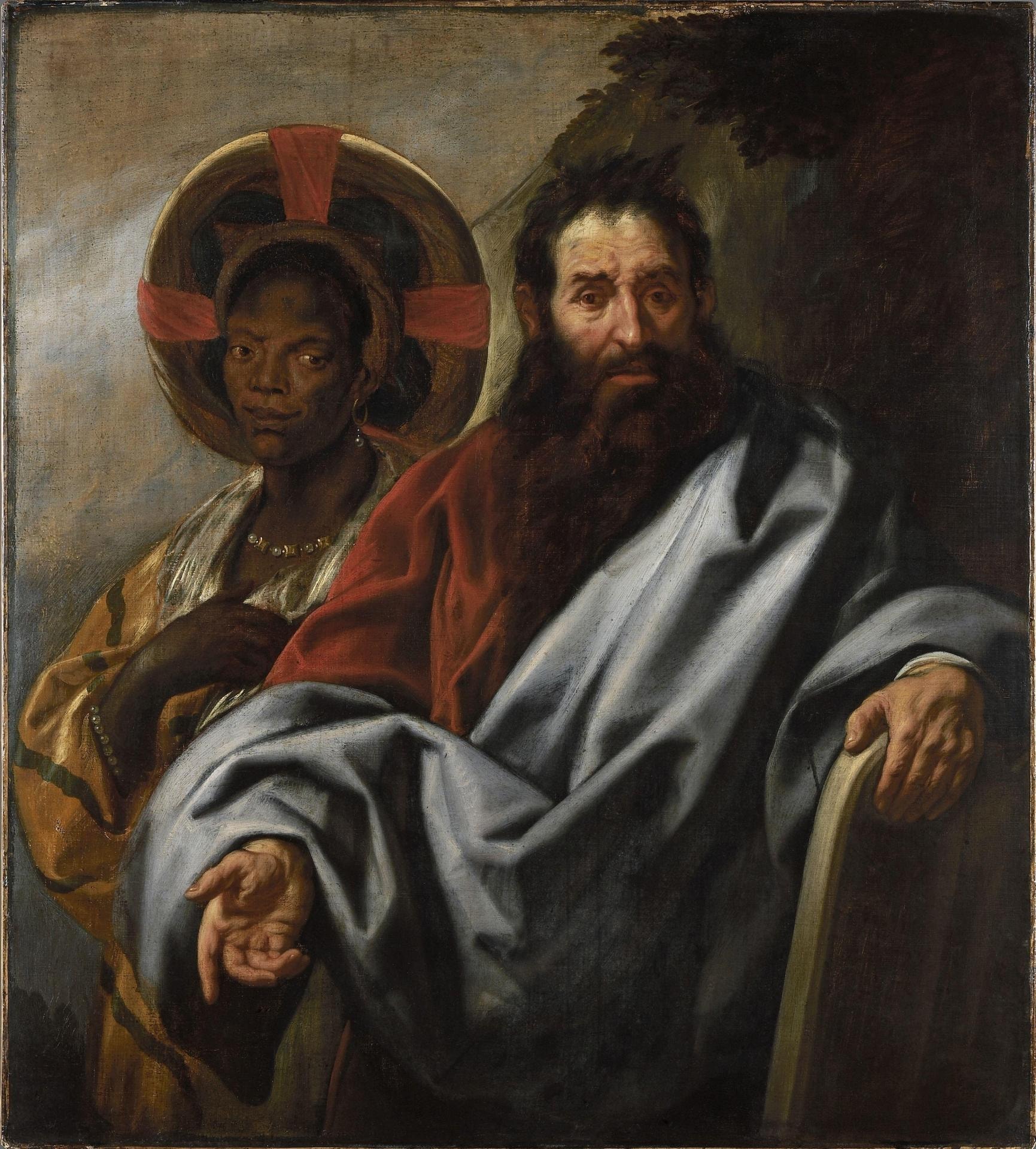 A seventeenth-century painting of Moses holding the tablets of the Law, with an African woman in a broad red-banded hat standing beside him
