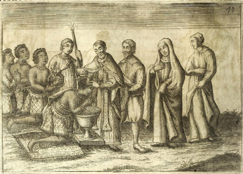 A seventeenth-century engraving of a baptism: a priest pours water from a font over a kneeling African woman while Portuguese men and women and African attendants look on