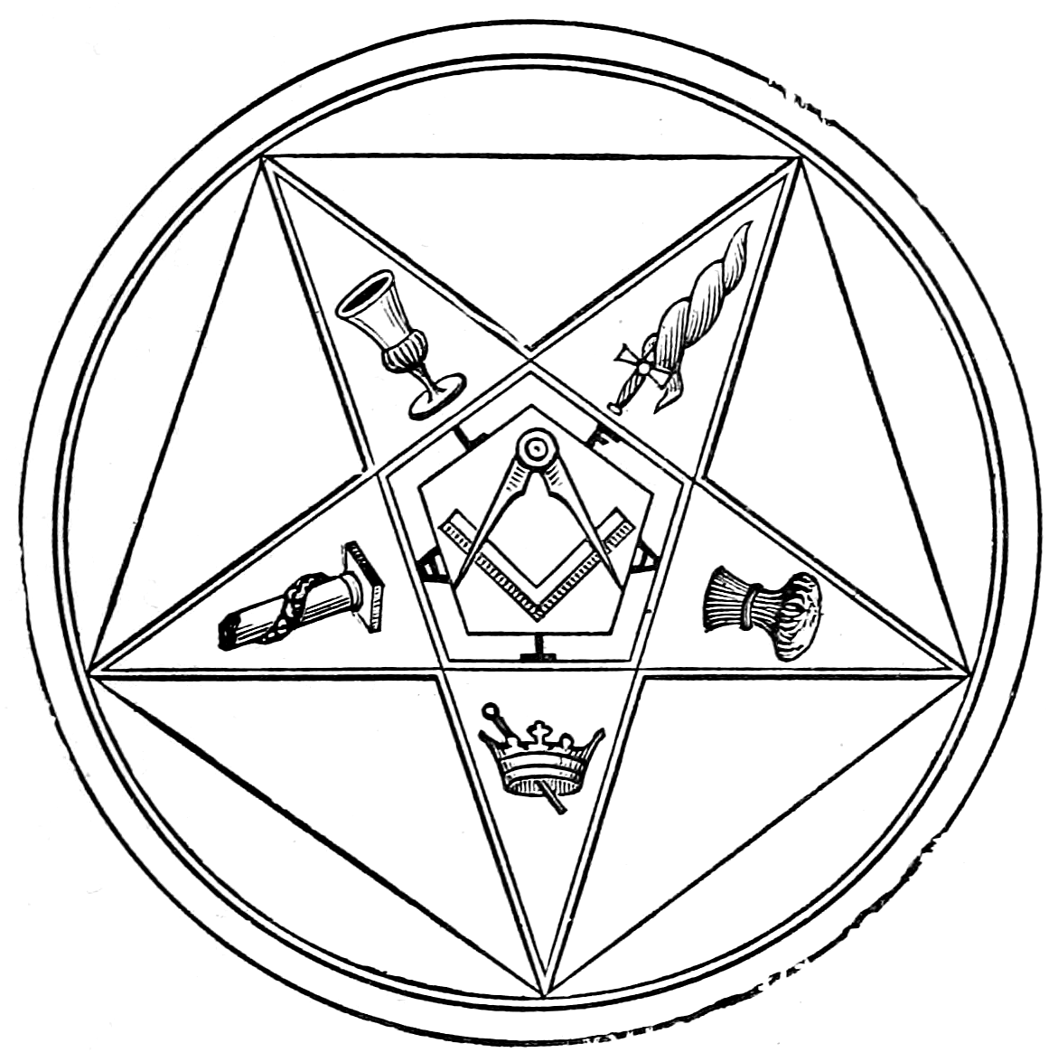 The emblem of the Order of the Eastern Star, a five-pointed star with symbols at each point