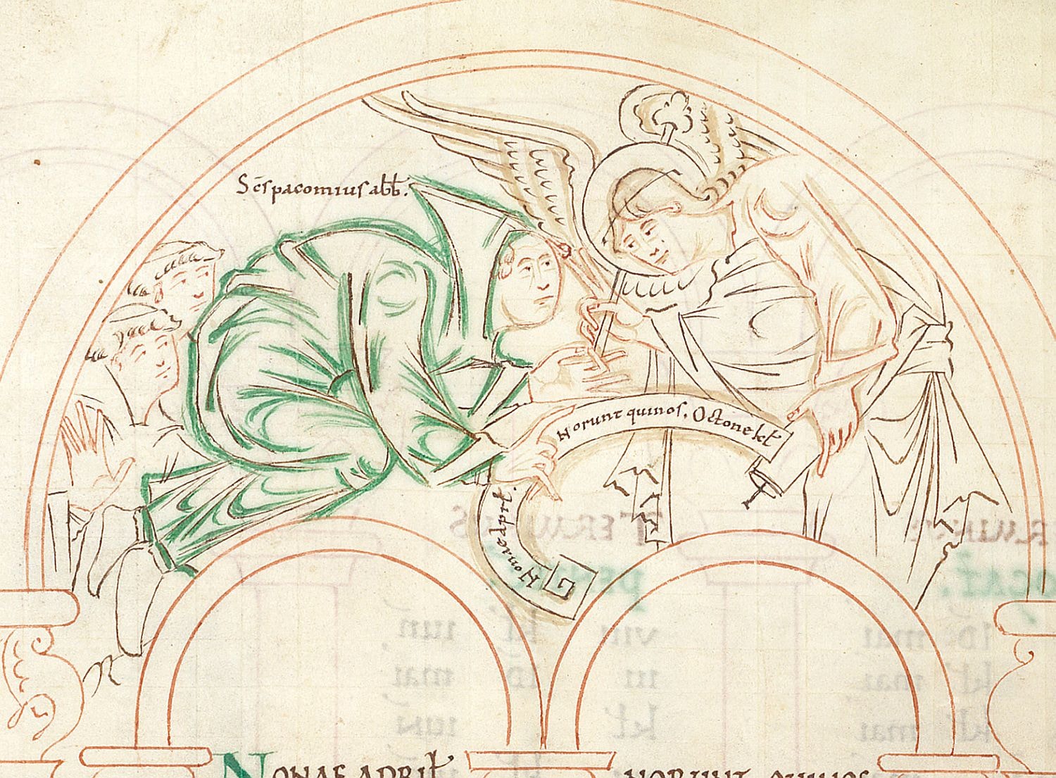 Manuscript drawing of Saint Pachomius receiving his rule from an angel