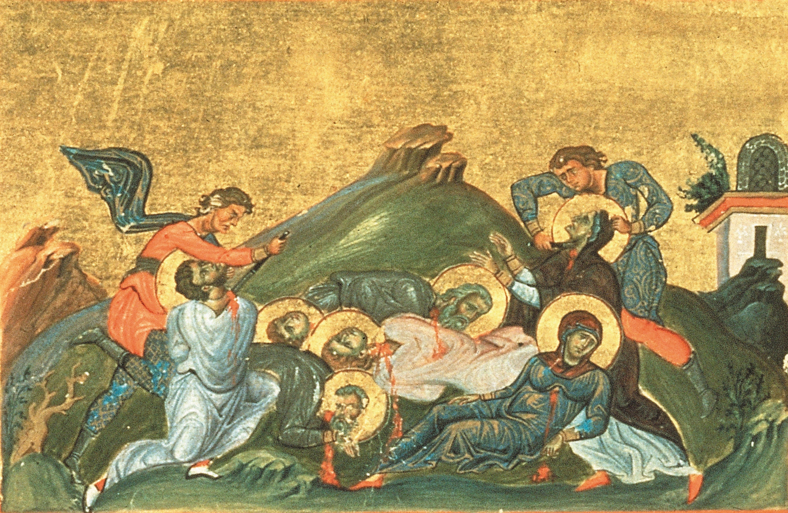 Byzantine miniature of the martyrdom of Perpetua, Felicity, Revocatus, Saturninus and Secundulus