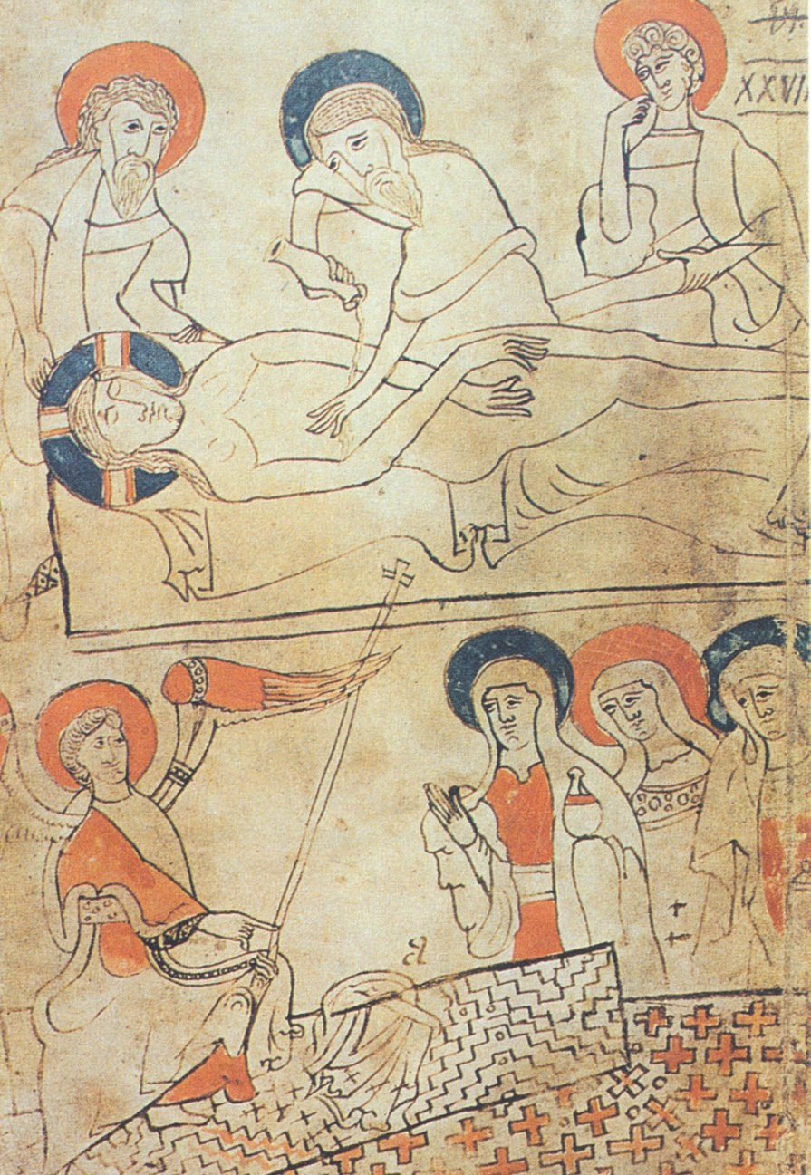 The Pray Codex illumination: above, Christ's body anointed for burial; below, the angel and the three women at the empty tomb, with the zigzag-patterned object in the lower left
