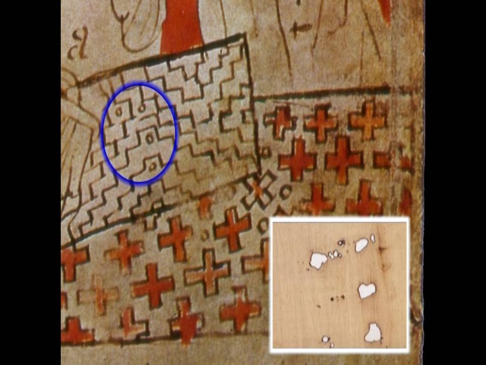 Close-up of the Pray Codex lower register with four small circles in an L shape ringed in blue, beside an inset photograph of the Shroud's L-shaped poker holes
