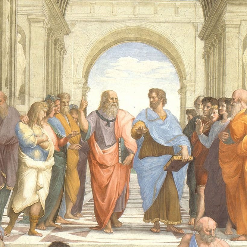 Plato pointing upward and Aristotle gesturing toward the earth, from Raphael's School of Athens