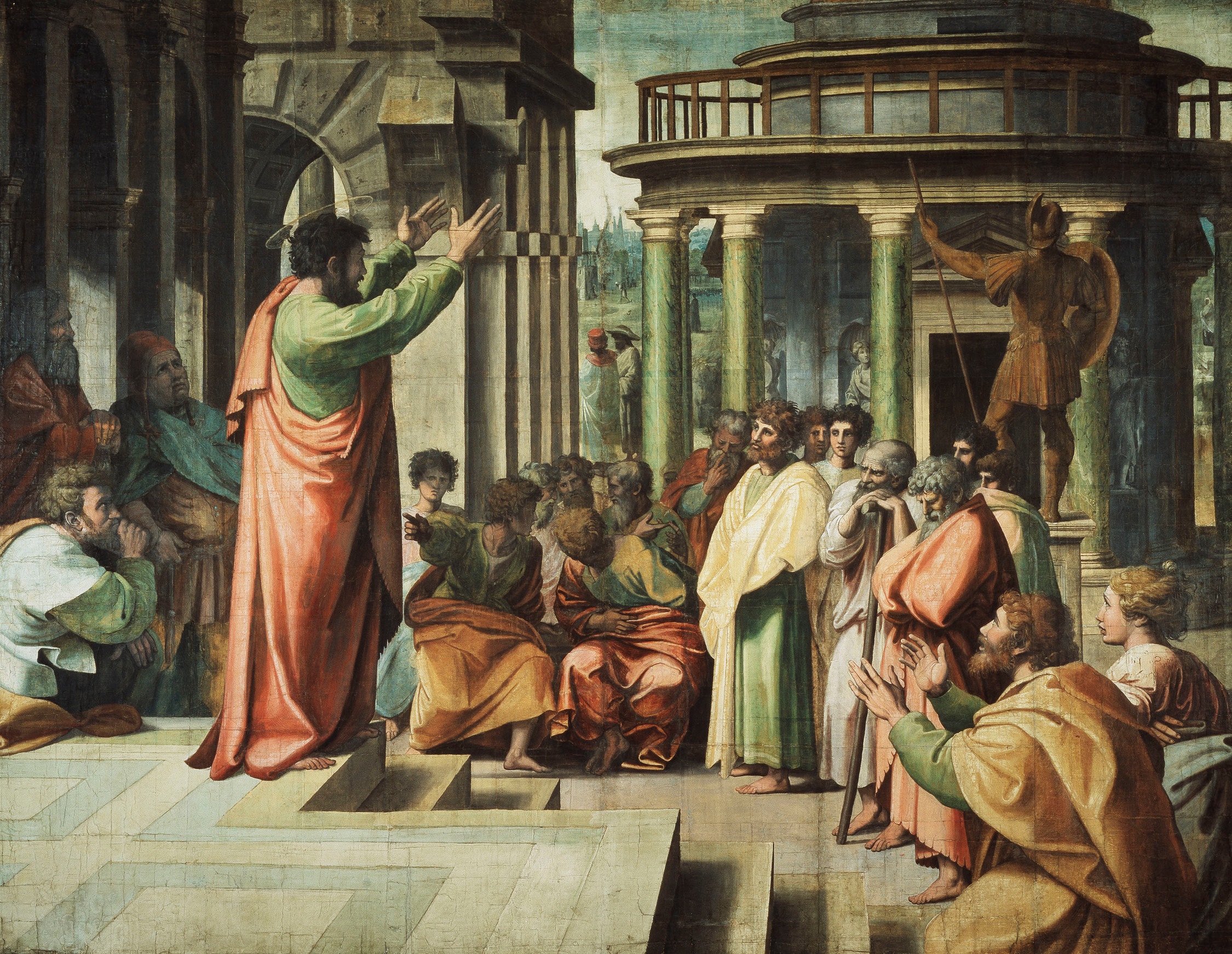 The apostle Paul, arms raised, preaches to a crowd of Athenians gathered on temple steps