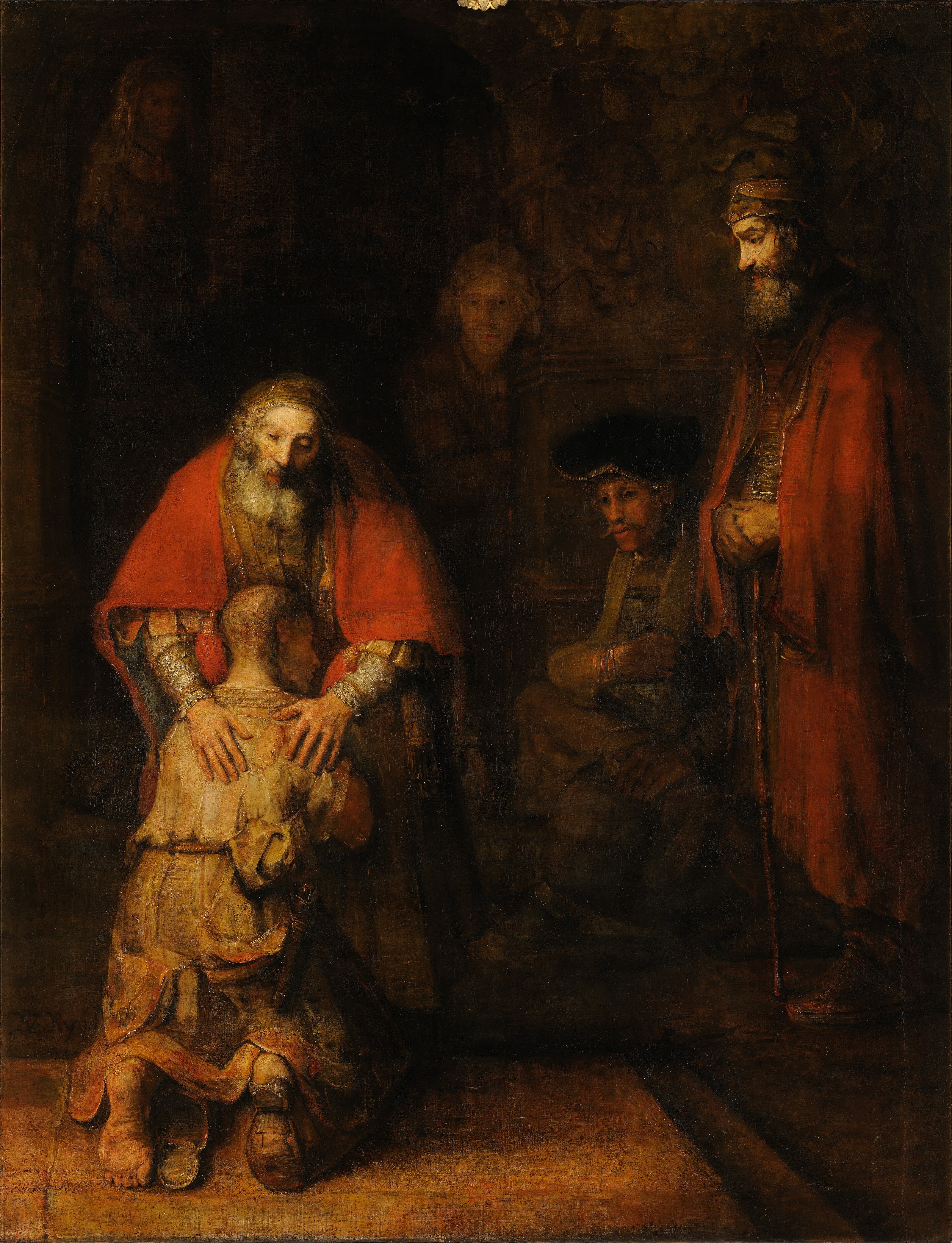 In a dark interior an old man in a red cloak bends over a kneeling young man in torn clothes, his hands resting on the son's back, while other figures look on