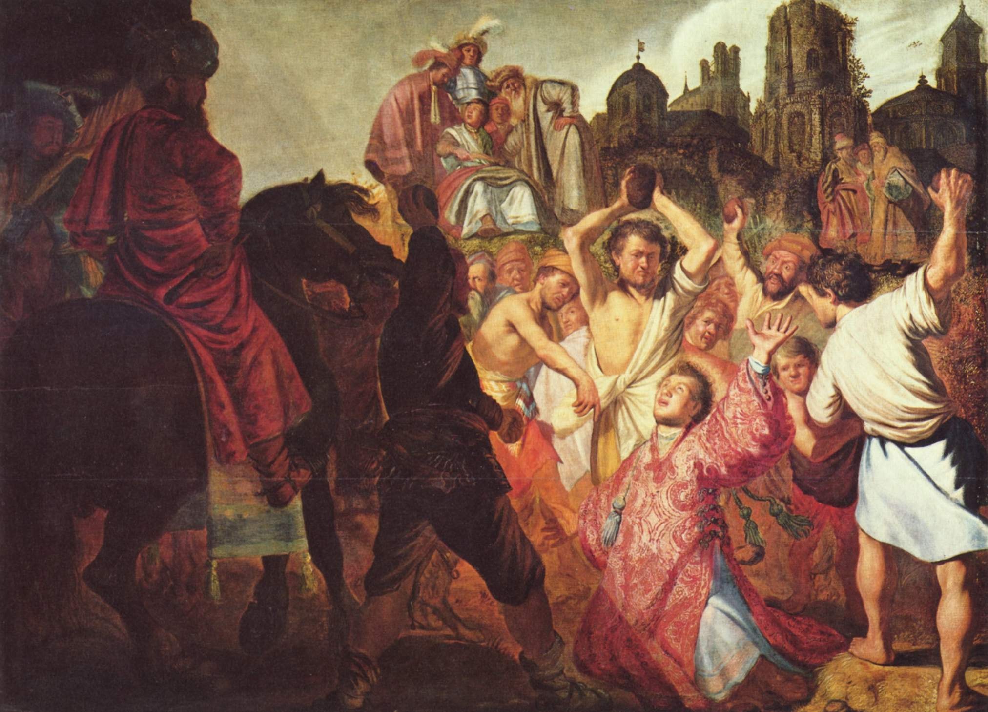 Rembrandt's painting of Stephen kneeling in a red robe with his arms raised to heaven while a crowd lifts stones over him and riders watch from the left