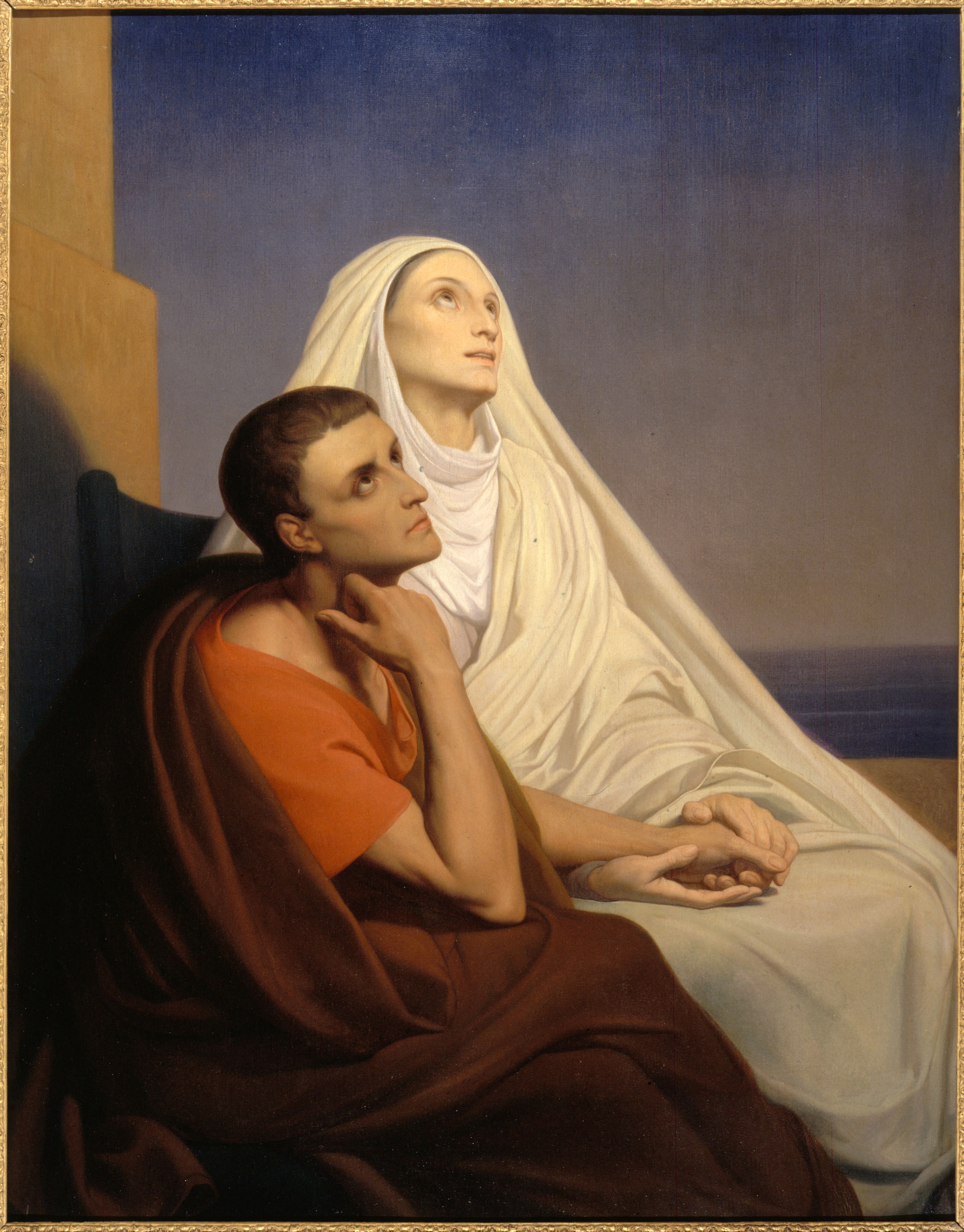 Painting of Augustine and his mother Monica looking upward together at Ostia