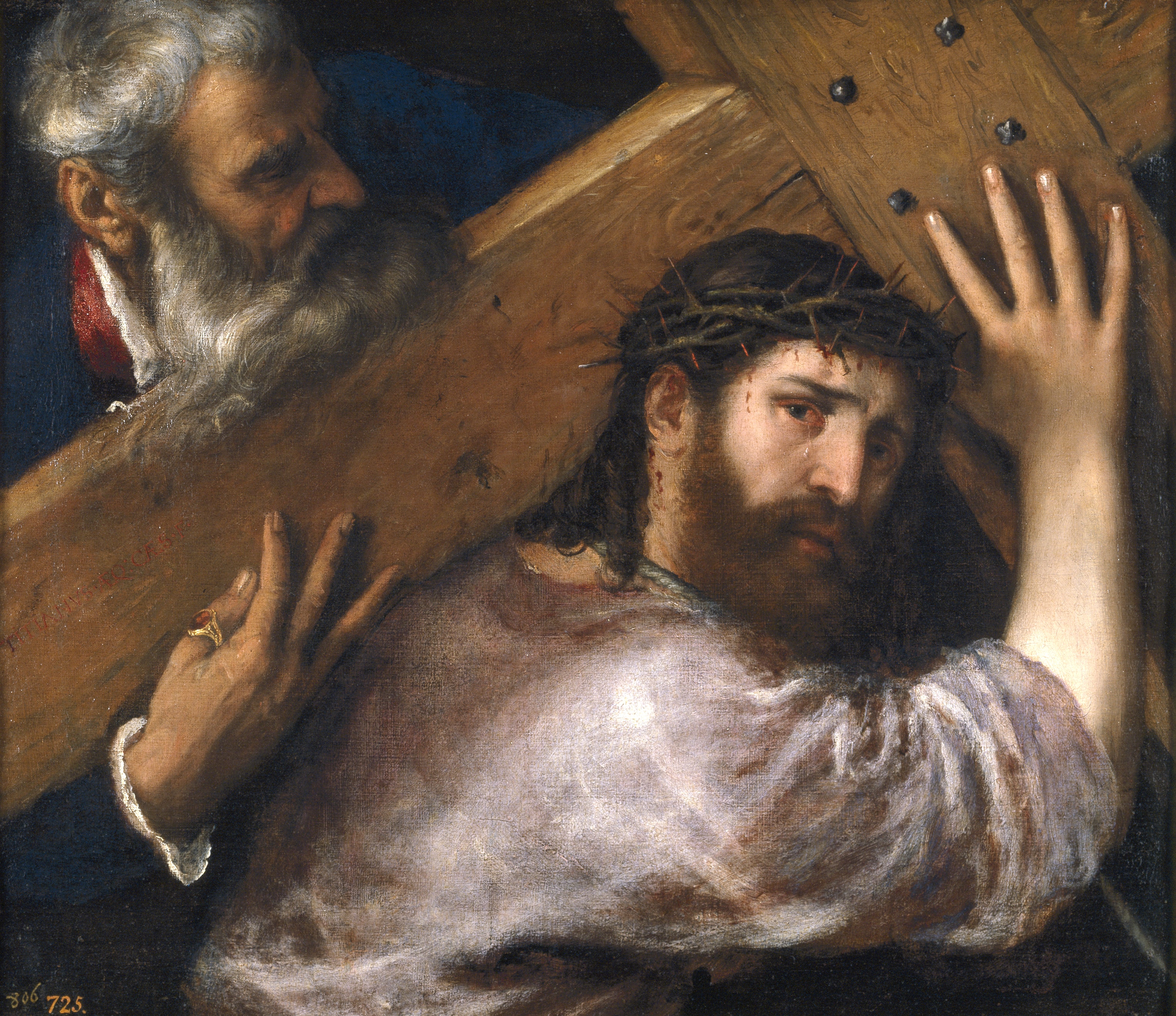 Titian's painting of Jesus, crowned with thorns, bearing the cross while an older bearded man, Simon of Cyrene, takes hold of it behind him