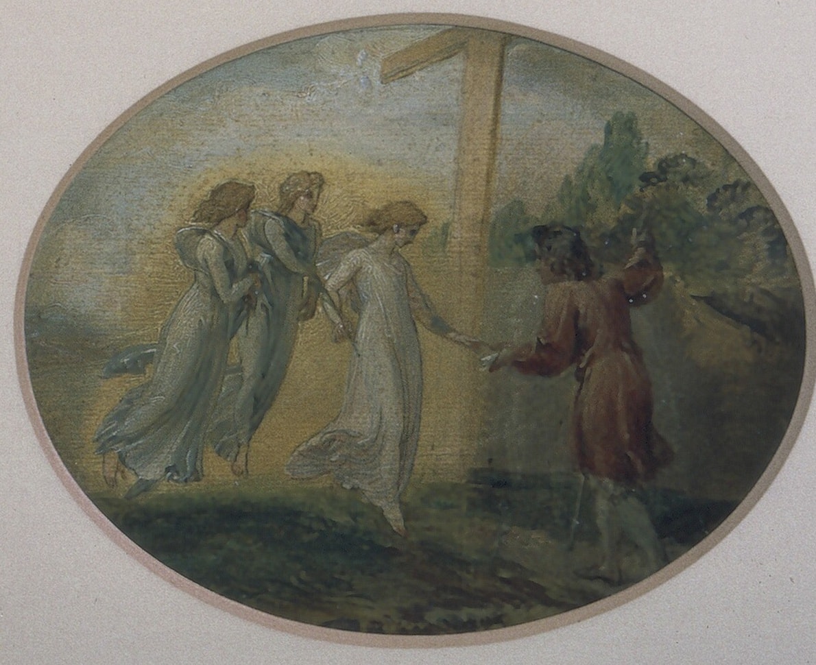 Three robed angelic figures approach a young man in a brown coat beside a tall wooden cross; the nearest figure takes his hand and passes him a small roll