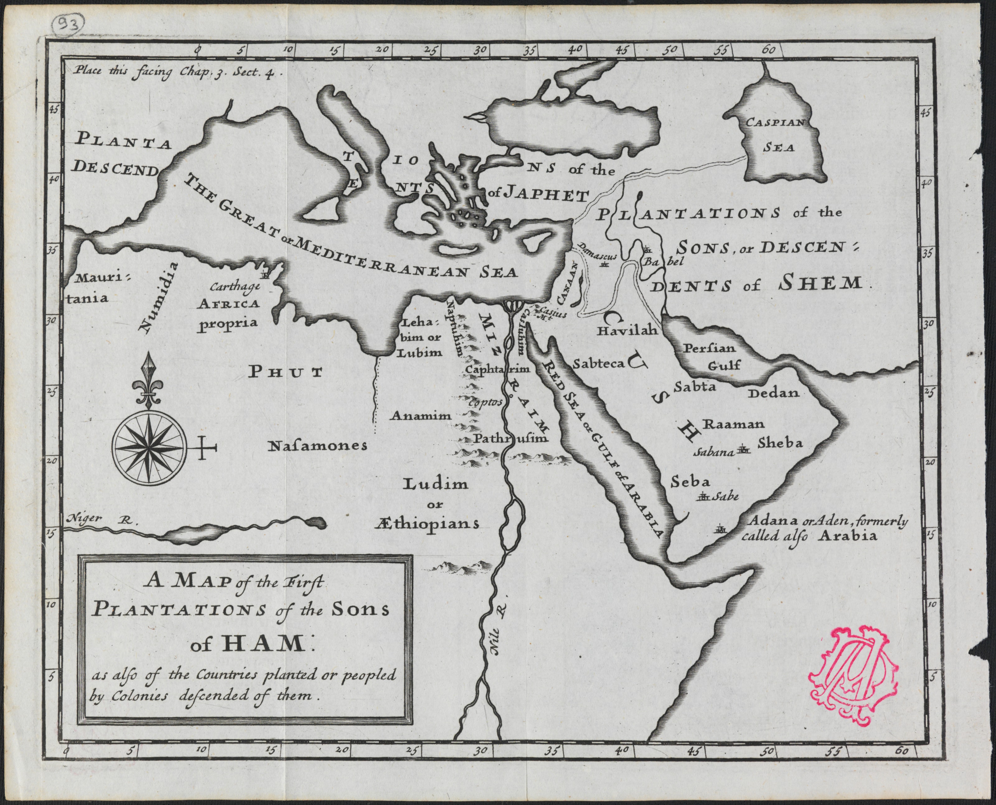 An eighteenth-century map titled A Map of the First Plantations of the Sons of Ham, showing Phut, Mizraim, Cush, Sheba and the Ethiopians across North Africa and Arabia
