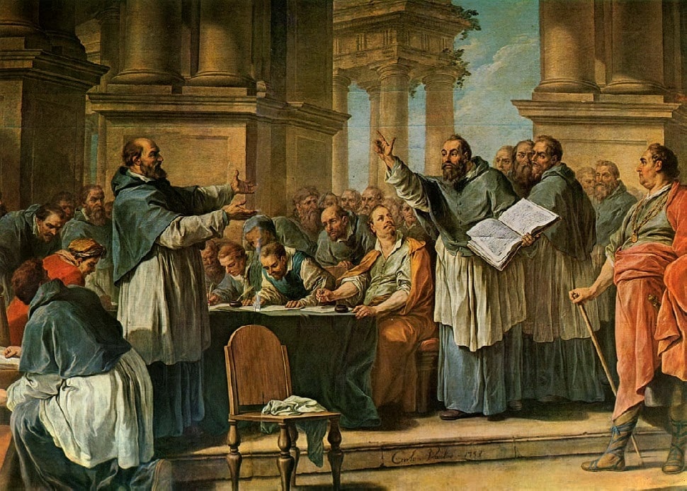 Eighteenth-century painting of Augustine disputing with Donatist bishops before a Roman official